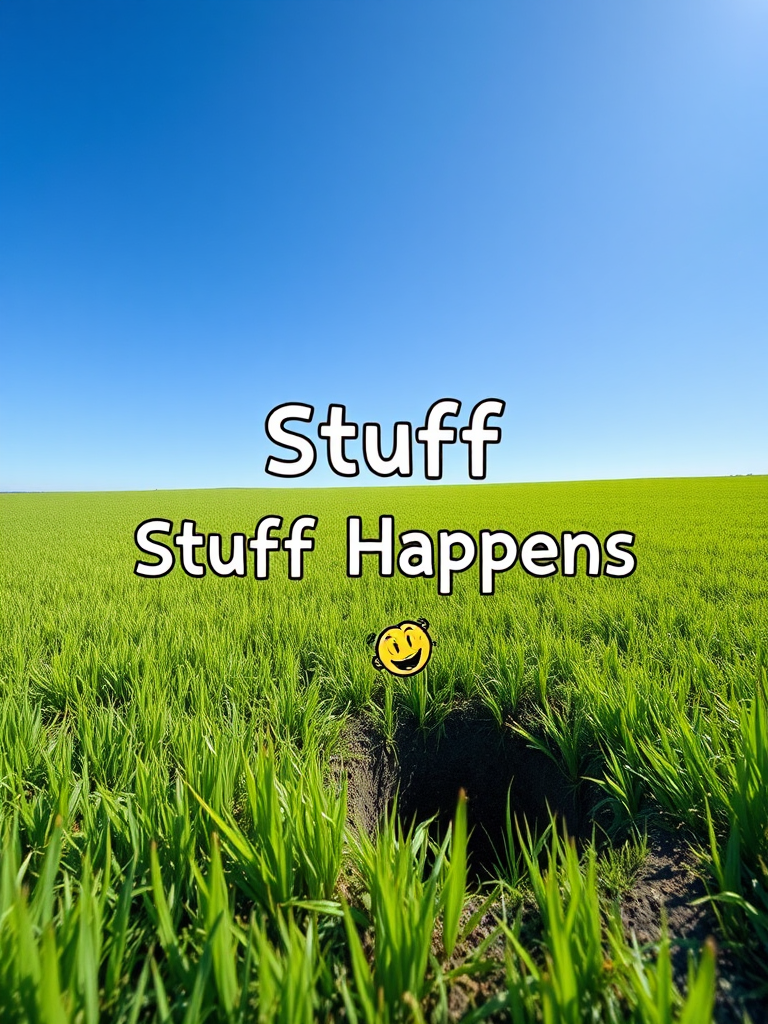Create an image of a vibrant green field under a clear blue sky with a humorous text overlay saying "Stuff Happens" in playful font, featuring a cartoon-style character emerging comically from a hole in the ground, captured using a DSLR camera with a 24mm lens at f/8, ISO 200, and a wide-angle perspective for enhanced depth.