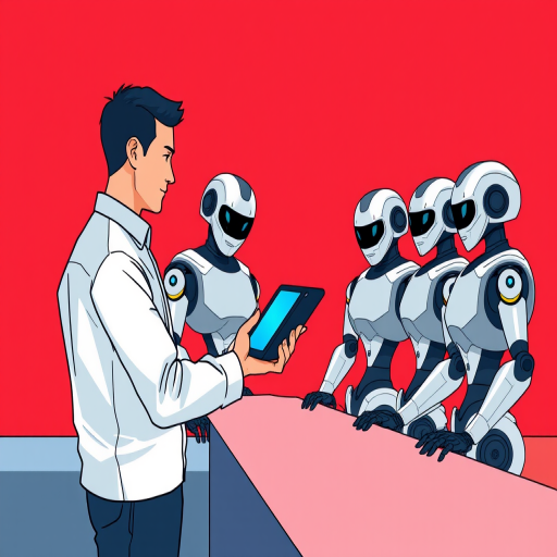 Create an illustration of a man presenting a tablet to four robots at a sleek counter, use a clean, colorful style with a deep red background and focus on modern robotic designs, camera settings: ISO 100, f/8, 1/125 sec, camera view: eye level, camera style: digital illustration, camera type: vector-style graphic.