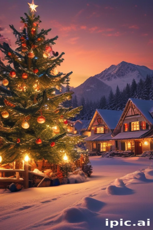 Cozy Winter Evening with a Beautiful Christmas Tree and Snowy Landscape