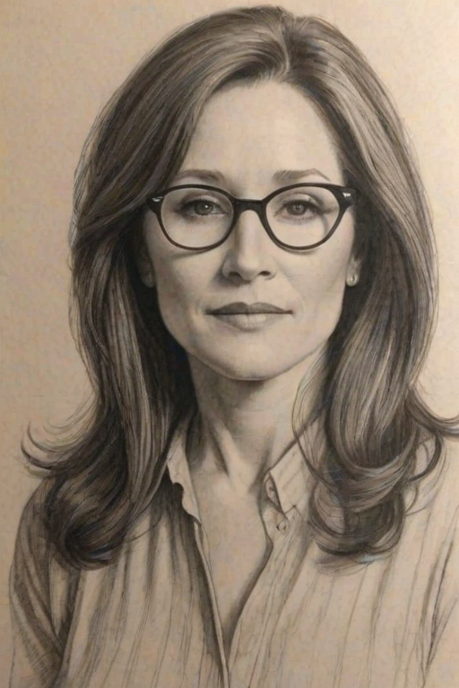 Enchanting Mary McDonnell, pencil sketch, portrait of Pleasing woman 1928s in glasses, hair style beatnik, outline, clear lines, fine lines, 8k