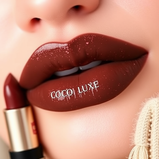Rich chocolate brown lips with rose gold highlights, called "Cocoa Luxe," boast a creamy texture and moisturizing properties, ideal for fall fashion and cozy winter gatherings