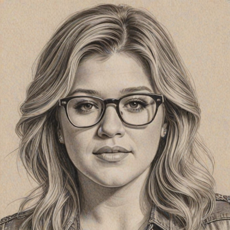 Ravishing Kelly Clarkson, pencil sketch, portrait of Resplendent woman 1971s in glasses, hair style beatnik, outline, clear lines, fine lines, 8k