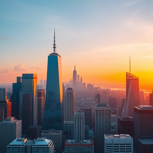 Image of a modern city skyline during sunset, captured with a DSLR camera, settings: aperture f/8, shutter speed 1/250s, ISO 100, wide-angle lens, 24mm focal length, shot from a high vantage point to capture the expansive view with vibrant colors and sharp details.