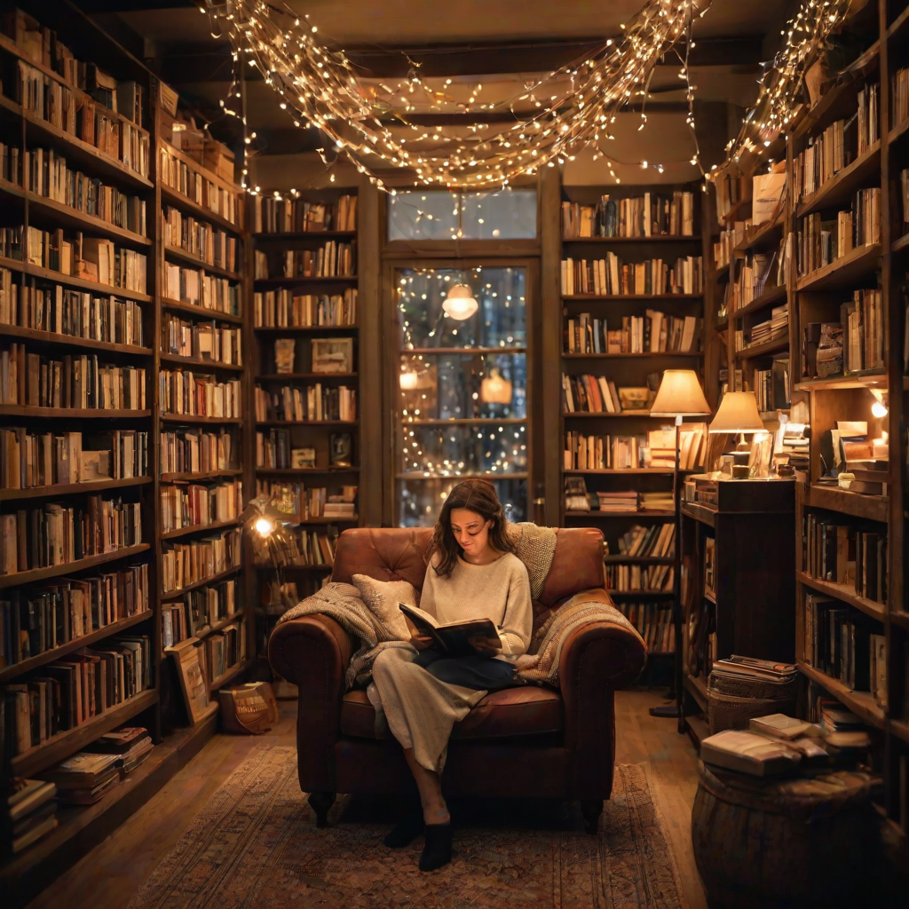 Cozy bookshop with a reading corner, a woman lost in a novel on a plush armchair, fairy lights twinkling overhead, and the scent of coffee wafting through the air.