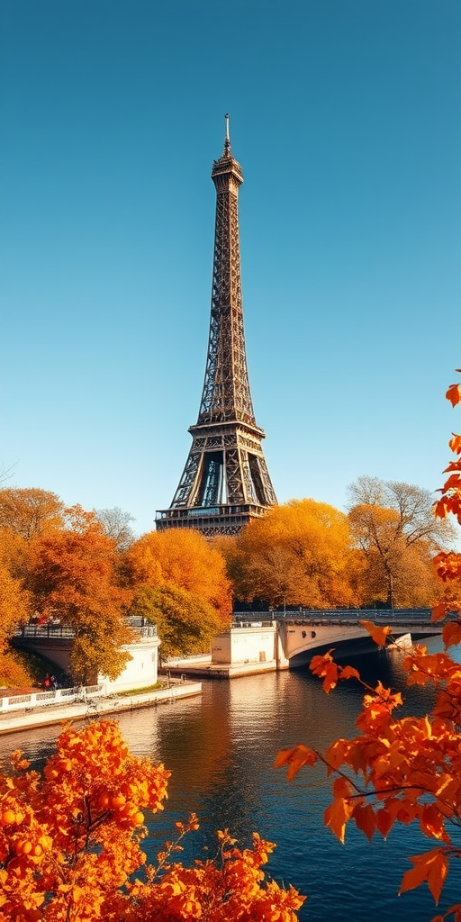 Eiffel Tower in autumn with orange trees along the Seine, clear blue sky, vibrant colors, wide-angle lens, f/8 aperture, ISO 100, 24mm focal length, crisp details and high resolution.