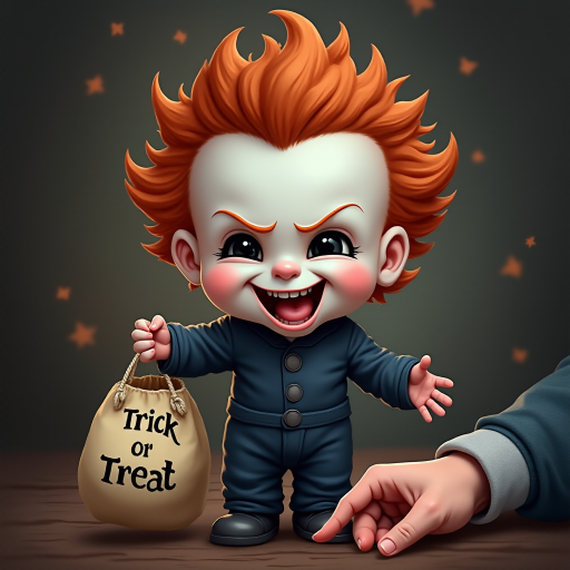 A whimsical caricature of a child version of Michael Myers, grinning mischievously. He is held by the hand of an unrecognizable person (only their hand visible), while holding a bag labeled "Trick or Treat" His facial expression is playful yet slightly menacing, reflecting his iconic figure. The scene is in portrait format with a Halloween theme, featuring exaggerated cartoon details like big eyes, a small body, and a creepy yet light-hearted tone.