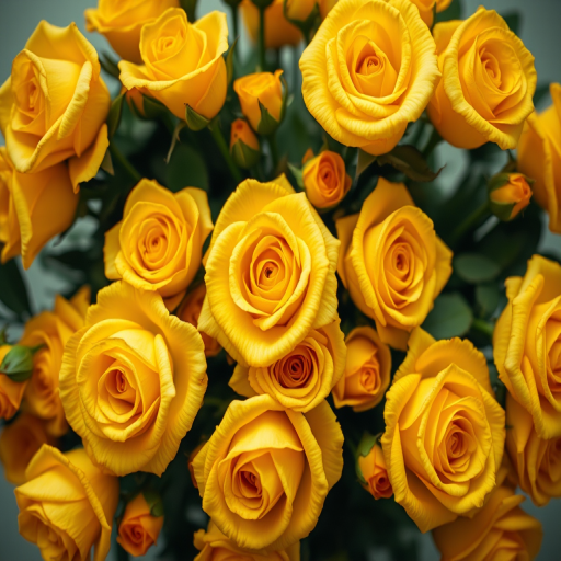 Capture a vibrant arrangement of yellow roses in a soft-focus background, using a Canon EOS R5 with a 50mm f/1.2 lens, aperture set to f/2.8, ISO 100, and a shutter speed of 1/200s, top-down view for an enhanced floral display.