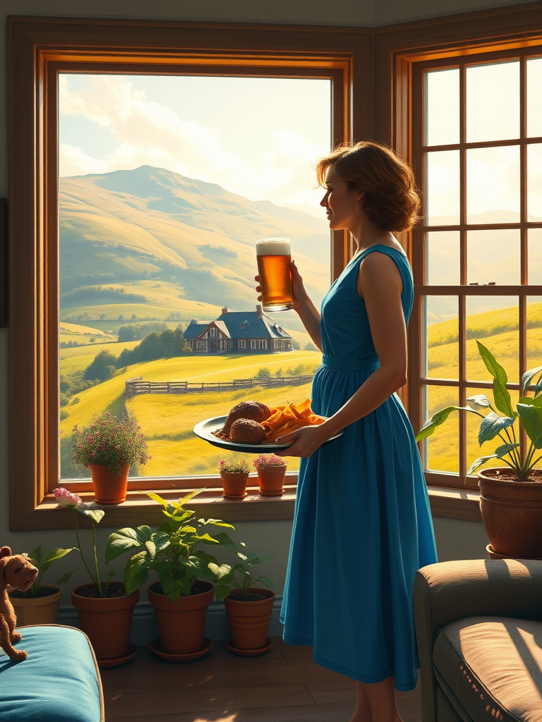 In "A Glass of Beer on the Highland," a serene scene is depicted in a sunlit room where a woman in a vibrant blue dress stands by a large window. She holds a tray with a hearty meal and a frothy glass of beer, embodying a moment of relaxation. Outside, the breathtaking highland landscape features rolling green hills and a charming traditional house, all bathed in warm afternoon light. The interior is adorned with potted plants, creating a harmonious blend of comfort and nature. The painting beautifully captures the tranquility and joy found in simple pleasures amidst stunning scenery