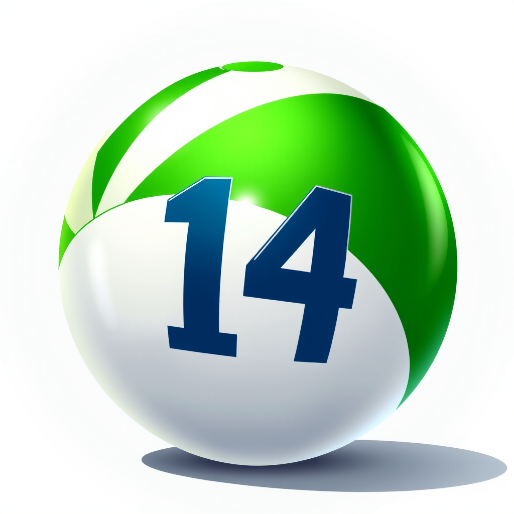 high-resolution illustration of a shiny, green-striped beach ball with the number 14 prominently displayed in the center, soft lighting for highlights, shallow depth of field, ISO 100, aperture f/2.8, 50mm lens, taken from a low angle to emphasize the sphere's curvature and shadow details