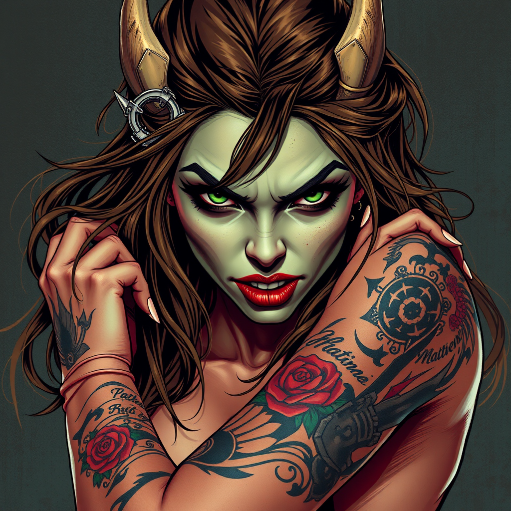 grunge, full body view, action pose, masterpiece, high detail, sharp, detailed, vivid colours, sharp, Orc Woman, (((green eyes, lipstick, brown hair, two-tone hair, long hair, messy hair, ))), cute face, beautiful girl, beautiful eyes, perfect face, piercings, tattoo, arm tattoo, leg tattoo, piercing, tattoos, tattoo, arm tattoo, back tattoo, gritty art in the style of Gustav Dore, Frank Frazetta, and Beksinski
