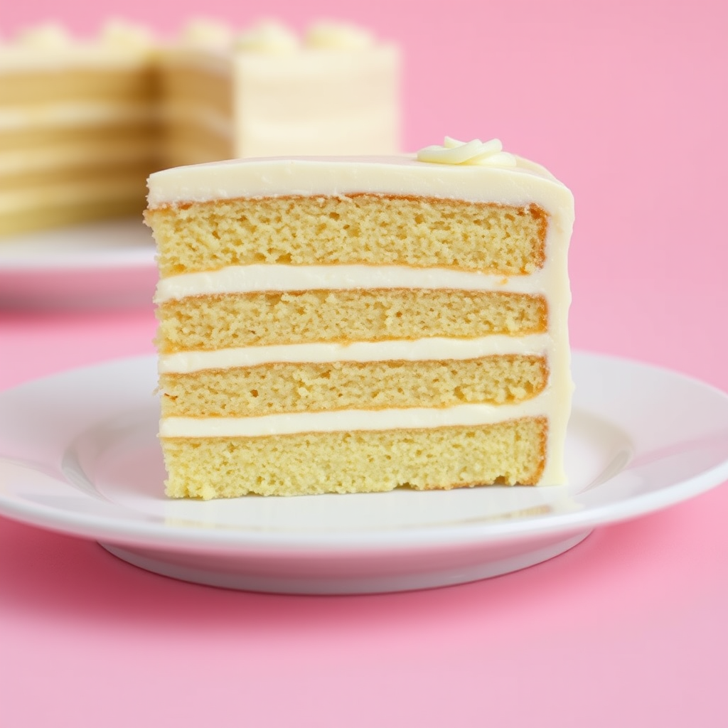 A detailed close-up of a slice of layered cake on a white plate, showing multiple layers of sponge and cream filling. The cake has a creamy frosting and is set against a soft pink background, creating a visually appealing dessert image.