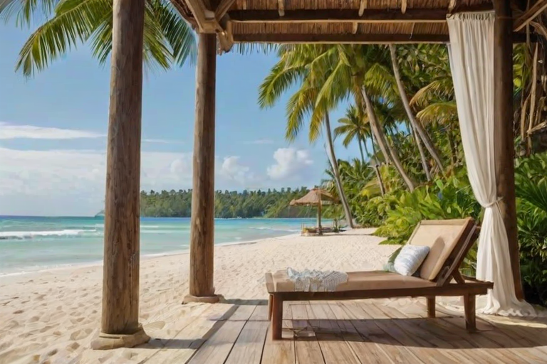 Create a picturesque tropical beach scene featuring a serene, white sandy shore. In the foreground, there's a rustic wooden canopy with white drapes gently flowing in the breeze. Underneath the canopy, a table is set with tropical decor, evoking a sense of relaxation and leisure. The beach extends into a calm, shallow water area with reflections of the sky and surroundings. Palm trees and lush greenery line the edge of the beach, providing a natural, tropical backdrop. The sky is clear with a few scattered clouds, and the overall atmosphere is tranquil and inviting, perfect for a peaceful retreat.