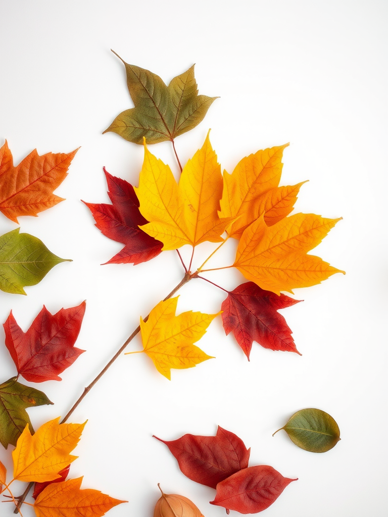 Capture a high-resolution image of assorted autumn leaves arranged artistically on a soft white background, using a DSLR camera with a 50mm lens, f/2.8 aperture, ISO 100, and a shallow depth of field to enhance detail and texture.