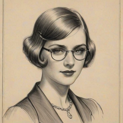 Sublime Daisy Edgar-Jones, pencil sketch, portrait of Elegant woman 1927s in glasses, hair style beatnik, outline, clear lines, fine lines, 8k