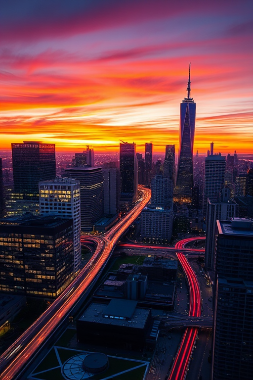 Generate an image of a sleek, modern city skyline at sunset with vibrant colors, using a DSLR camera with a 24mm lens, f/8 aperture, ISO 100, and a long exposure to capture light trails.