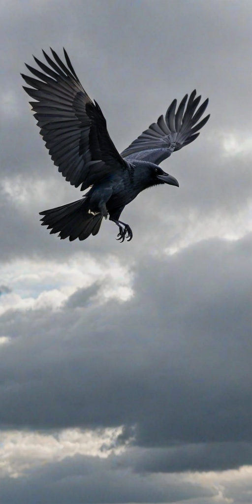 a raven in mid-flight against a cloudy sky, showcasing its glossy black feathers and sharp beak, wings spread wide