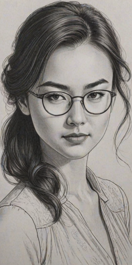 Bewitching Jessica Henwick, pencil sketch, portrait of Stunning woman 1922s in glasses, hair style beatnik, outline, clear lines, fine lines, 8k