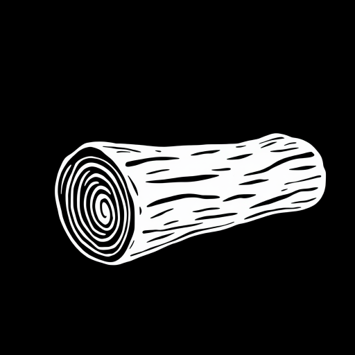 Create a high-resolution illustration of a stylized white log on a black background, using a Canon EOS R5 camera with a 50mm lens at f/1.8, ISO 100, and a shutter speed of 1/100s, capturing a close-up view with sharp details and smooth gradients.