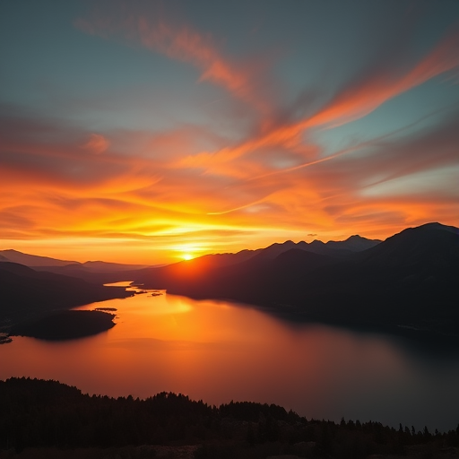 A vibrant sunset over a serene lake surrounded by mountains, captured with a Canon EOS R5, 50mm lens, f/1.8 aperture, ISO 100, 1/200s exposure, in a wide angle view to enhance depth and detail.