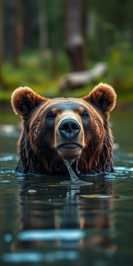 capture a close-up of a bear in a serene forest pond, water dripping from its chin, soft focus background, shallow depth of field, ISO 400, f/2.8 aperture, shutter speed 1/250s, 85mm lens, natural lighting