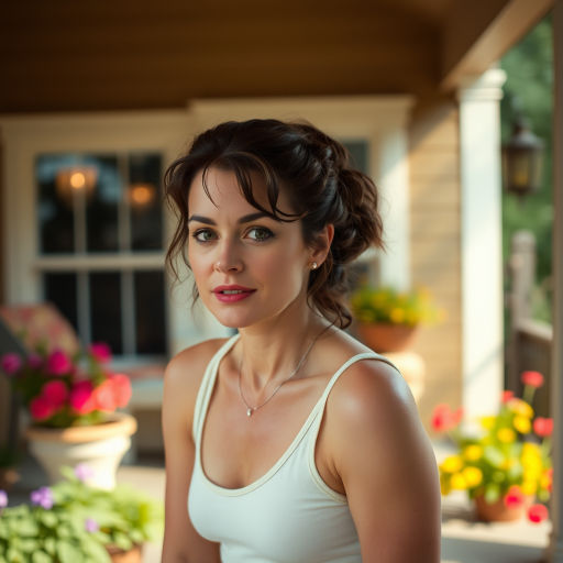 A photo of Helena Bonham Carter with a background of a cozy porch. She has dark hair pulled back in an updo, with tendrils framing her face. She wears a white tank top and sits on the porch. The porch is part of a well-lit home with a warm, earthy tone and colorful flowers and foliage. The overall scene has a warm, welcoming, and comfortable ambiance.