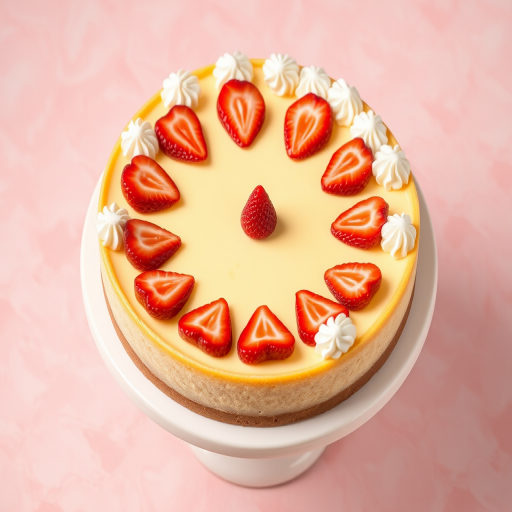 Create an image of a round cheesecake with a creamy yellow filling and a graham cracker crust topped with fresh strawberries arranged in a circle and decorative whipped cream swirls around the edge on a white cake stand with a soft pink marbled background.