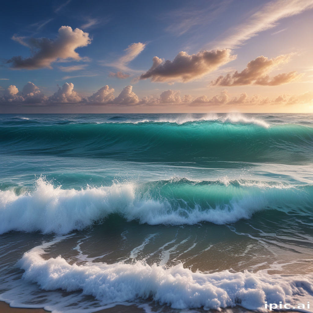 Majestic Ocean Waves Dancing Under a Colorful Sunset Sky at Dusk