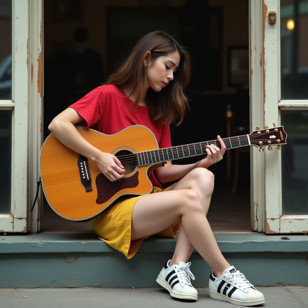 Ultra-realistic and very detailed image, high resolution and definition of a young woman, a rocker. She's sitting on the step of a doorway, with one leg stretched out, playing an acoustic guitar. The young woman is wearing a red T-shirt and yellow shorts. Adidas trainers. The door is glazed and mirrors the street.