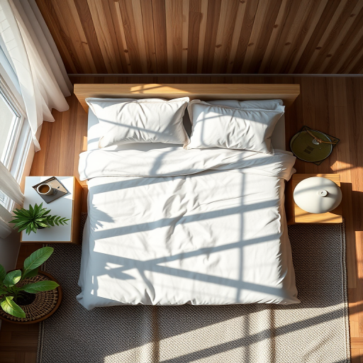 Create a high-quality image of a simple bed design, using a DSLR camera with a 50mm lens, aperture set to f/2.8, ISO 100, shot from a top-down view in natural light for soft shadows and highlights.