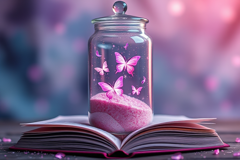 Create an enchanting scene featuring a glass jar filled with sparkling pink sand. Inside the jar, delicate butterflies flutter around, glowing softly with shades of pink and purple. The background should be a dreamy, blurred mix of colors, evoking a magical atmosphere. Include an open book beneath the jar, with pages gently turning as if stirred by a breeze. Add subtle twinkling stars around the jar to enhance the whimsical feel.