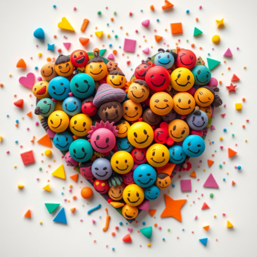 Create a vibrant heart shape filled with colorful, miniature smiling faces and abstract shapes, using a Canon EOS R5 camera at f/2.8, shutter speed 1/100s, ISO 200, with a macro lens for intricate detail and a soft focus background for depth.
