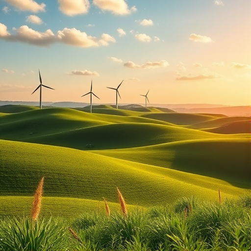 scenic landscape of rolling green hills with windmills in the background, vibrant colors, sunny sky, soft clouds, wide-angle view with a focus on depth of field, ISO 100, f/8 aperture, 24mm lens, DSLR camera