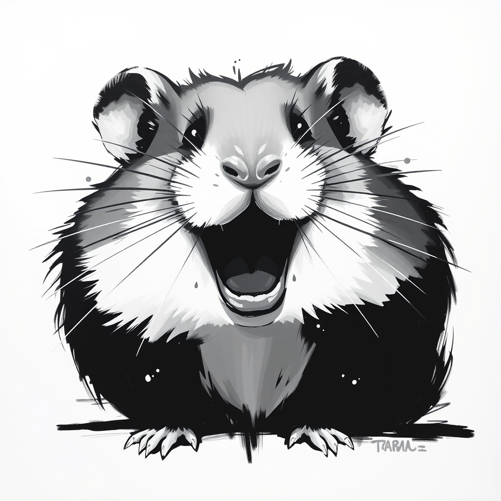 Abstract black and white acrylic portrait of an over exaggerated laughing (hamster). Minimalism style. White background.