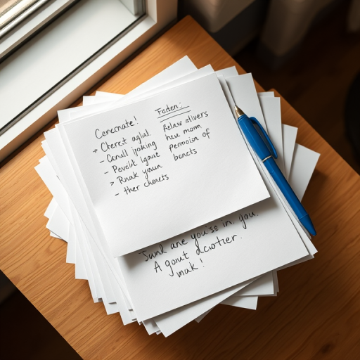 Generate an image of a stack of white papers with handwritten notes on them alongside a blue pen, captured with a Canon EOS 5D Mark IV, 50mm f/1.8 lens, at f/4 aperture, ISO 100, natural light from a window, top-down view.