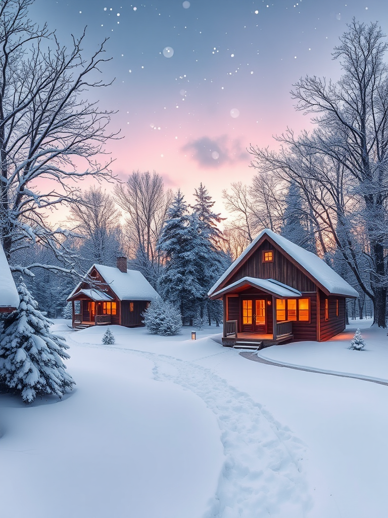 Create a winter landscape with two cozy cottages in the snow, surrounded by trees with snow-covered branches, softly falling snowflakes in a twilight sky, shot with a DSLR camera at f/8 aperture, 50mm lens, ISO 200, using a wide-angle view for a panoramic effect.