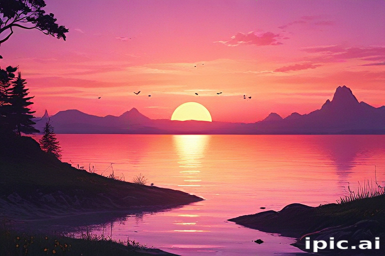 Serene Sunset Over Tranquil Lake with Majestic Mountains and Colorful Sky