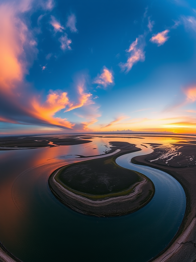 wide-angle shot of a winding river at low tide under a sunset sky, enhanced colors, high dynamic range, f/11 aperture, 24mm lens, ISO 100, tripoded for stability, taken with a DSLR camera