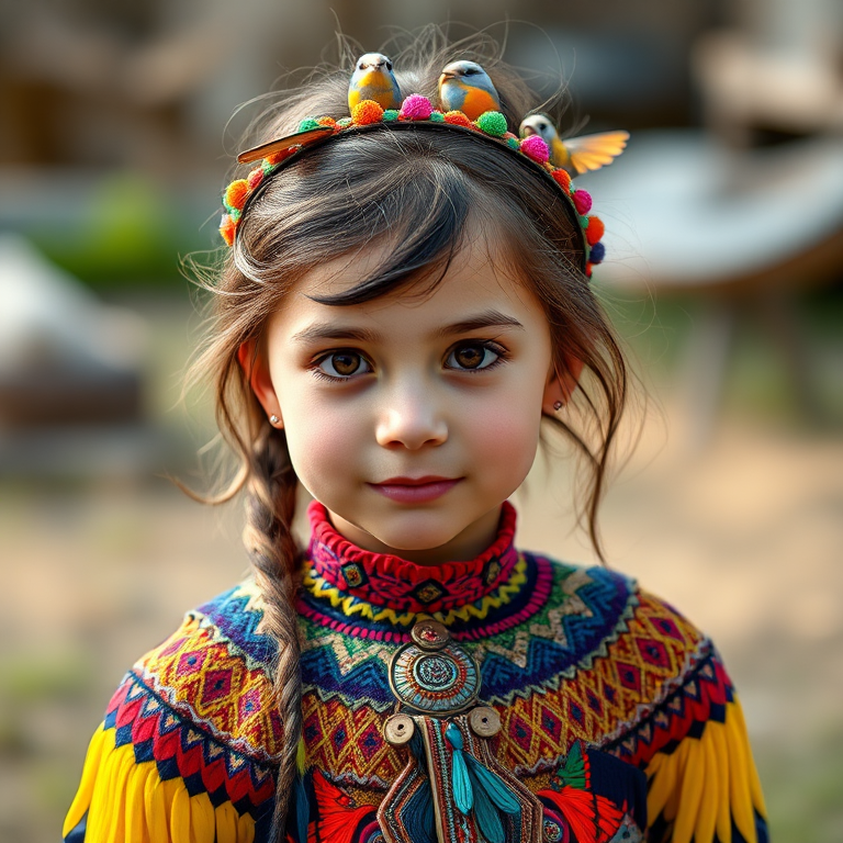 A beautiful Ashkenazi girl, wearing colorful bird clothing with vibrant colors