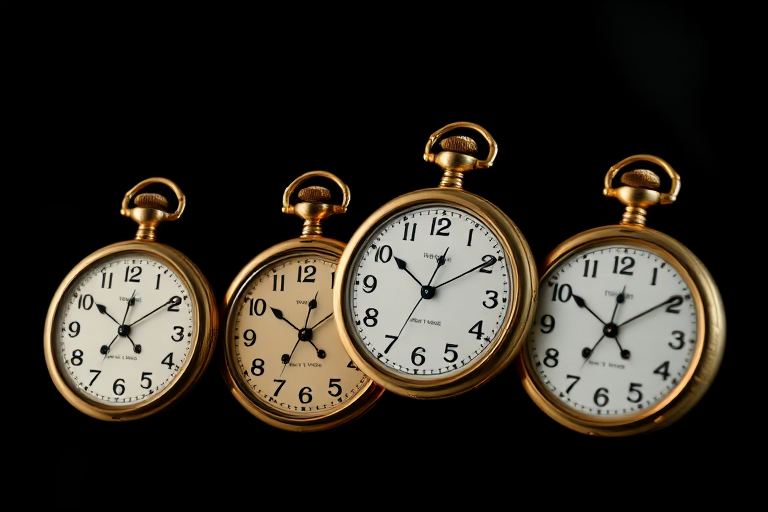 Capture a dynamic composition of four vintage pocket watches in motion, using a DSLR camera with a 50mm lens, settings: f/2.8 aperture, ISO 100, shutter speed 1/60s, slow-motion blur effect, illuminated against a black background for heightened contrast.
