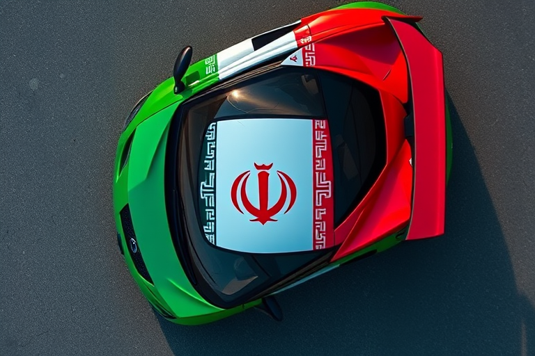 top-down view of a sports car with a vibrant Iranian flag design, high resolution, f/2.8 aperture, 1/200 sec shutter speed, ISO 100, drone-mounted camera, HDR photography