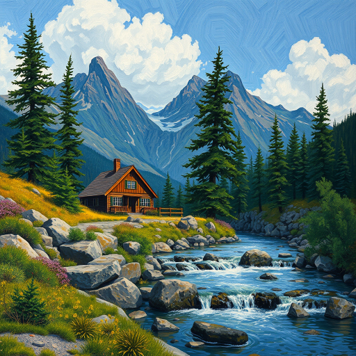 This Van Gogh-inspired painting depicts a peaceful scene of a small cabin located near a flowing river. The scene is surrounded by lush vegetation, including tall trees and rocky terrain. In the background, majestic mountains rise under a sky filled with rolling clouds. The river gently cascades over the rocks, adding a sense of movement and tranquility to the scene. The use of vibrant colors and detailed brushstrokes create a sense of depth and harmony in the natural setting.