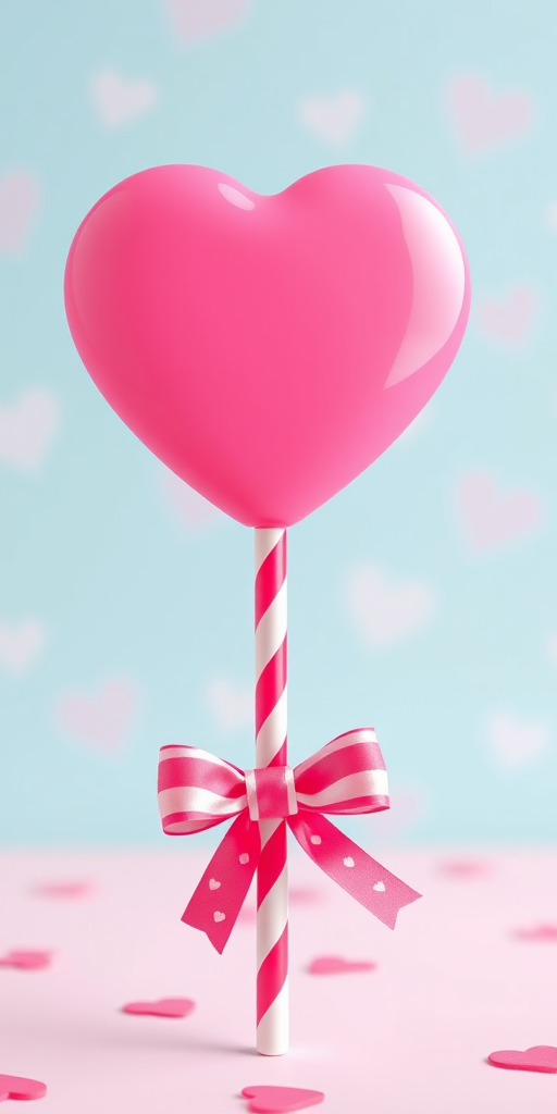 Create a high-resolution digital illustration of a large pink heart-shaped lollipop with a red and white striped stick, featuring a cute bow at the base, set against a soft pastel blue background with subtle heart patterns; use a Canon EOS R5 camera, f/4 aperture, 50mm lens, and a soft focus style for a dreamy effect.