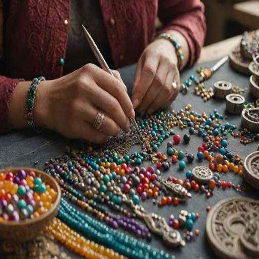 Close-up of a woman’s hands crafting jewelry, surrounded by colorful beads and tools, soft light highlighting her focused expression and the intricate details of her work.