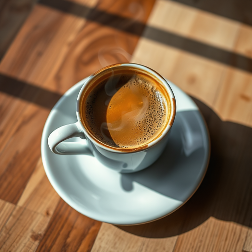 Create a high-resolution image of a steaming coffee cup on a saucer, shot in natural light with a 50mm lens at f/1.8, ISO 100, using a DSLR camera from a top-down view, focusing on the details of the steam and cup texture.