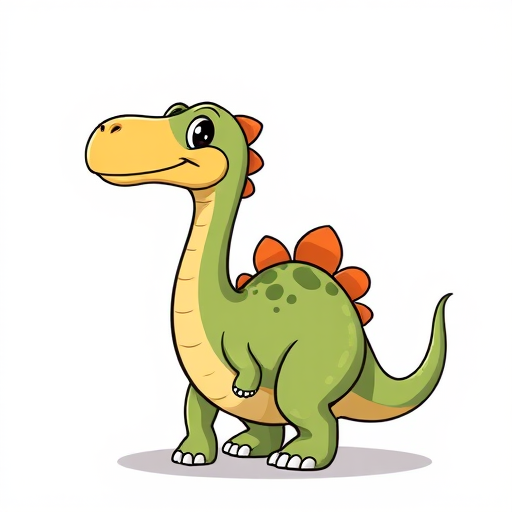 Create a cartoon dinosaur with a long neck and a round body, set against a plain background, using a DSLR camera, focal length of 50mm, aperture of f/2.8 for a shallow depth of field, and vibrant colors for enhanced image quality.