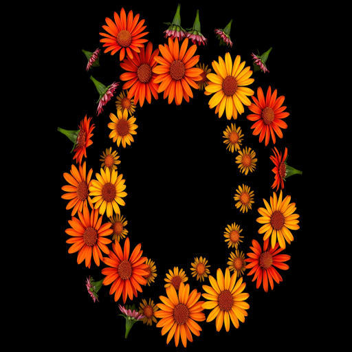 Create a vibrant circle of orange and yellow flowers on a black background, using a Canon EOS R5 with a 50mm f/1.2 lens, for a shallow depth of field and high color saturation, shot at f/2.8, ISO 100, and 1/60s shutter speed.