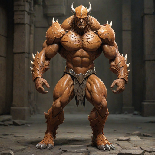 orange skin resembling stone or armor plates. Its head is triangular and elongated, rippling muscles with deep, humanoid figure, suggesting a blend of stone and steel textures. The scales have sharp, clawed feet and has a muscular, its body crouched low and ready to charge or attack. It has a muscular, displaying a powerful, This is a highly detailed digital CGI rendering of an enormous