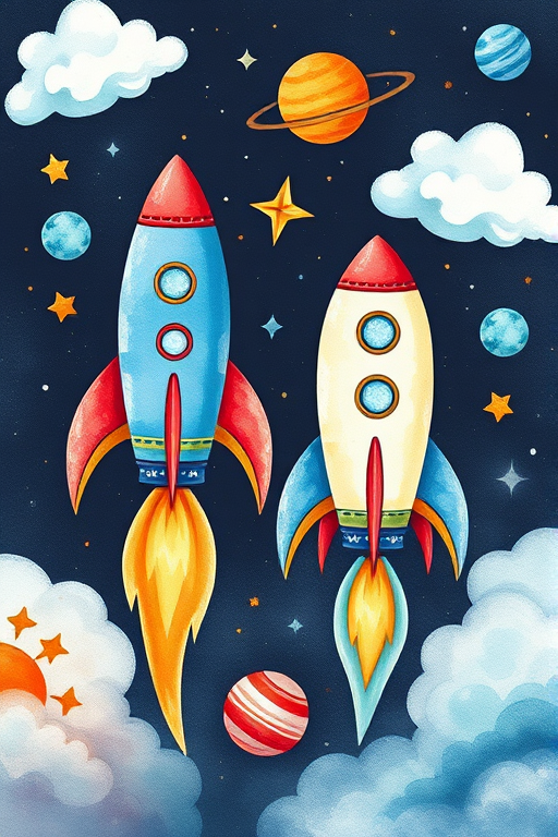 Create a whimsical watercolor illustration of rockets and space elements, featuring two distinct rocket designs with vibrant blues and oranges, surrounded by fluffy clouds, stars, and planets; captured with a Canon EOS 5D Mark IV, 50mm lens, f/2.8 aperture, 1/125s shutter speed, and natural daylight for enhanced color quality.