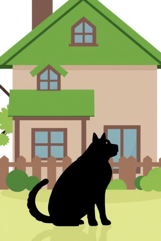 create a vector-style image of a dog and cat silhouette beside a house with a green roof, high resolution, shot with a digital camera at f/8 aperture, ISO 100, 50mm lens, top-down view, soft natural lighting