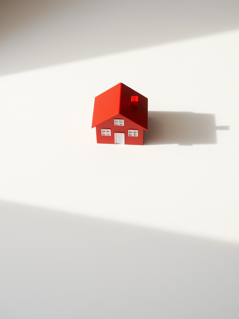 a vibrant red three-dimensional house on a flat shadowed surface, captured with a DSLR camera at f/5.6 aperture, ISO 100, focal length 50mm, using a macro lens and a slight overhead angle to enhance the colors and details